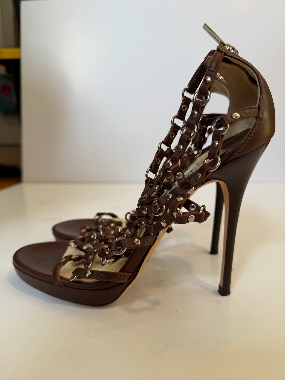 ✨authentic✨ Jimmy Choo Brown Chain-Strap Stiletto Sandals